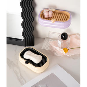 Jabonera ovalada Hongyu beige y morada de doble capa con drenaje, soporte de plástico para jabón para artículos de baño. - Product Image 5