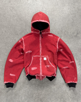 Blouson Bomber Homme Personnalisé en Denim Rouge Épais Délavé Style Streetwear avec Capuche et Fermeture Éclair, Motif Vieilli, Coupe Droite