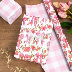 Mother's Day gift wrapping <b>paper</b> Pink flower and butterfly knot <b>pattern</b> Double sided printed with pink checks Customizable - Product Image 1