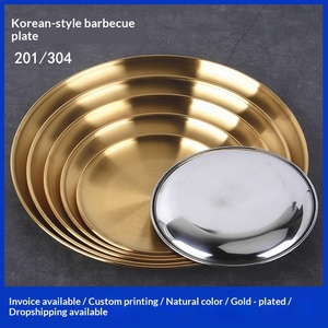 Assiette coréenne en acier inoxydable 304 poli couleur or, compatible <span class=keywords><strong>micro</strong></span>-ondes, ronde, à fond plat, peu profonde, pour fruits, gâteaux et grillades - Product Image 2
