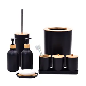 Set Dispenser sabun kayu mentah 100% Natural, Set aksesori sikat gigi ramah lingkungan bambu hitam kamar mandi 9 buah