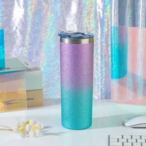 Gobelet isotherme droit et fin de 20 oz en acier inoxydable à double paroi, avec couvercle et paille, personnalisable avec logo, à paillettes, pour sublimation - Product Image 1