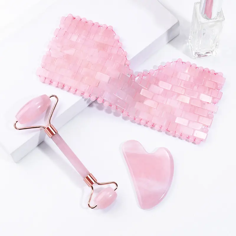 3PCS/BOX Natural Soothing Cooling Rose Quartz Jade Eye Mask Reduce Facial Edema Massage Jade Roller Gua Sha Set