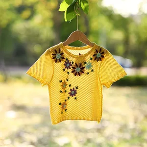 Summer little girl's heavy-duty hand-crocheted hollow vest embroidered flowers thin short-sleeved woolen sweater