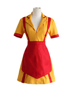 Costume de serveuse de restaurant rétro pour femmes, déguisement d'Halloween, tablier rayé jaune et rouge vintage avec poche, uniforme sexy pour adultes, robe de fête cosplay