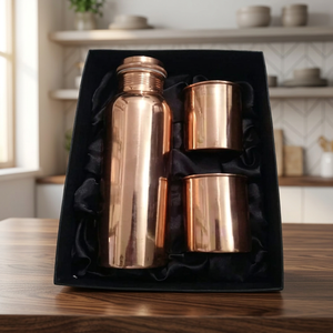 Copper Water Bottle Set with 2 Glasses Double Wall Insulated <b>Drinkware</b> Gift Set for Travel Office Camping - Indian Home Crafts - Product Image 1