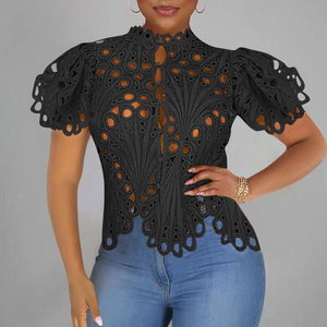 Nueva Blusa de Moda para Mujer, Sexy, con Transparencias, Estilo Club Nocturno, Manga Corta Abullonada, Irregular, con Encaje - Product Image 3