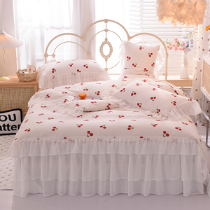 Juego de Sábanas de Algodón con Volantes y Encaje, Estilo Coreano, con Estampado de Cerezas, para Cama de Princesa - Product Image 1