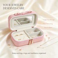 Étui de voyage en cuir PU rose grainé avec miroir, organisateur de bijoux à 6 anneaux, boîte cadeau portable pour femme – Vente en gros