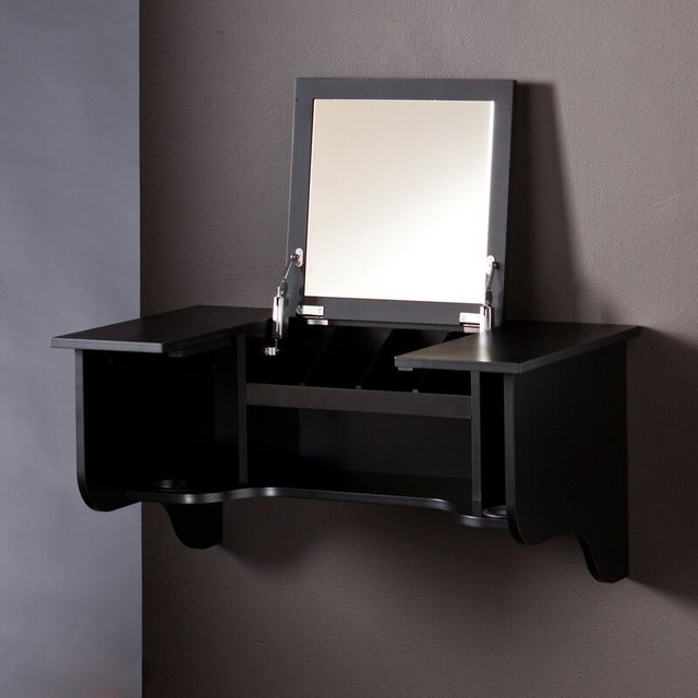 Trendy Hanging Fitted Fix Wall Mounted Design Black Dresser Flipped Bedroom Vanity Makeup Dressing Table With Mirror and Drawers