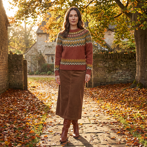 Set Maglione Vintage Fair Isle OEM ODM per <span class=keywords><strong>Donna</strong></span>, Top in Maglia Color Ruggine e Gonna Midi in Velluto a Coste Marrone, <span class=keywords><strong>Outfit</strong></span> Autunnale - Product Image 1