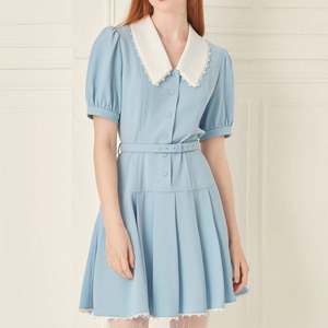Vestido de Mujer, Corte A, Ajustado, Color Azul Claro, con Mangas Abullonadas, Cuello Peter Pan con Detalles de Encaje y Falda Corta de Estilo Dulce - Product Image 2
