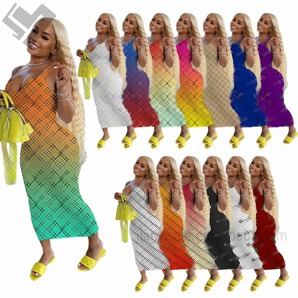 2023 ग्रीष्मकालीन महिला पोशाक आकस्मिक यू गर्दन बिना आस्तीन महिलाओं Bodycon कपड़े डिजाइनर प्रिंट लक्जरी ब्रांड मैक्सी लंबी पोशाक