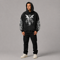 Sweat à capuche personnalisé imprimé gothique Ailes d'ange et Croix, délavé à l'acide, noir, coupe oversize, épais, épaules tombantes, style streetwear, 100% coton, automne