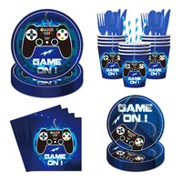 Kits de vaisselle jetable sur le thème du jeu personnalisés en bleu, comprenant une bannière d'anniversaire, des assiettes en papier, des fournitures de fête à motifs de jeu