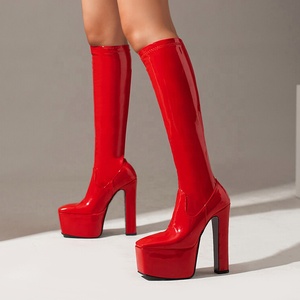 Newest Styles Square Toe High Platform Knee <b>Boots</b> for Women Mirror Patent Leather Long High-heeled Chunky Booties - Product Image 1