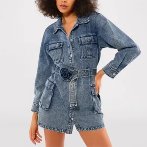 Green Dimple fashion party wear pocket button long sleeve mini dress with trouser legs casual sexy women denim jeans dresses