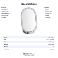 Miroir de maquillage LED ovale pliable avec variateur tactile, lumière à 3 couleurs, mémoire, arrêt automatique, rechargeable Type-C 1000 mAh, miroir HIPS