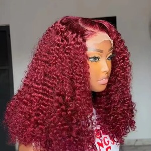 Perruque Bob Bourgogne 99J Double Drawn Kinky Curly 13x4 HD Lace <span class=keywords><strong>Cheveux</strong></span> Humains Bruts Sans Colle Pré-Pluckée pour Femmes Noires - Product Image 1