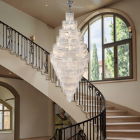 Lustre suspendu design en fer avec longues perles de cristal, pour escalier de villa, projet personnalisé, luxe moderne, LED blanc chaud