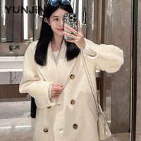 Manteau long décontracté en laine et cachemire pour femme, double boutonnage, col à revers, coupe-vent, épais, teint uni, pour l'hiver