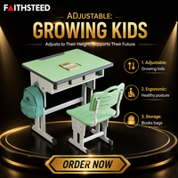 Bureau d'école pour enfants avec chaise, vert clair, bordure blanche, rangement ouvert et hauteur réglable pour une utilisation en classe