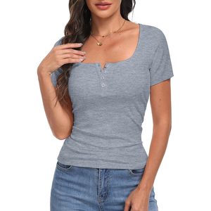 Haut Henley côtelé à manches courtes pour femme, coupe ajustée, boutonné devant, décontracté, basique, respirant, mélange coton élasthanne - Product Image 1