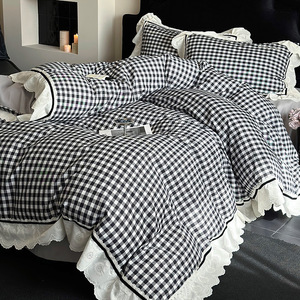 Parure de lit 4 pièces en coton pur à carreaux noirs et blancs, housse de couette brossée, drap et taies d'oreiller, usage domestique, respirante, qualité supérieure - Product Image 3
