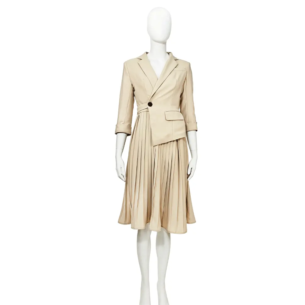 Elegant Jacke dresses three quarter sleeve asymmetric lapel with pleated skirt Blazer. khaki blazer dress set