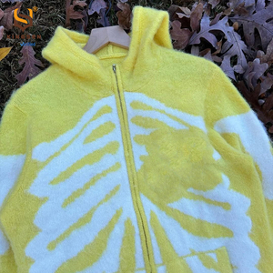 Sweat à capuche zippé personnalisé avec motif tête de mort, jaune vif, style streetwear, cardigan tricoté à capuche Y2K unisexe - Product Image 3