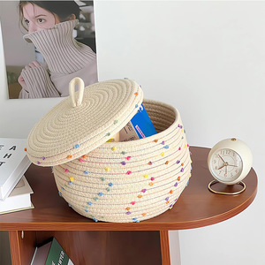 Mignon coloré arc-en-ciel <span class=keywords><strong>pompon</strong></span> Design jouet <span class=keywords><strong>panier</strong></span> de rangement maison stockage à la main rond tissage coton corde <span class=keywords><strong>panier</strong></span> avec couvercle - Product Image 5