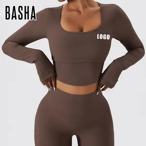 Kadin Fitness giysileri Ropa Thumb Thumb Mujer nervürlü Yoga Tops başparmak delik uzun kollu egzersiz üst ile Activewear