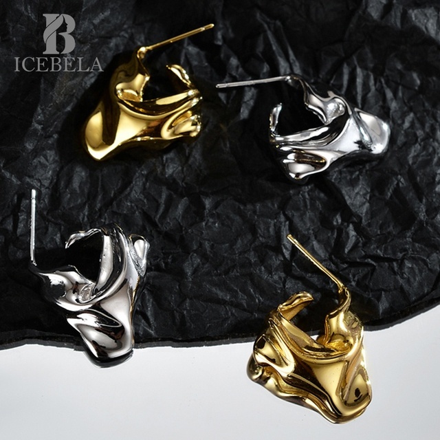 ICEBELA S925 Sterling Silver Vintage 18k Gold Plated Chunky Hoop Earring Irregular Tin Foil Texture Irregular Geometric Earring