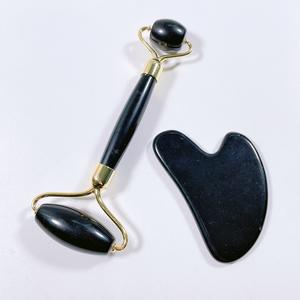 HY produk kustom kualitas tinggi Natural Body <span class=keywords><strong>Handheld</strong></span> Natural Black Obsidian <span class=keywords><strong>Roller</strong></span> Gua Sha Set Kit - Product Image 1