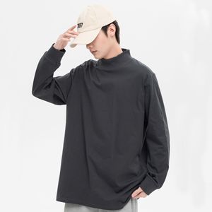 T-shirts pour femmes et hommes Nouveau t-shirt ample uni à col semi-haut et manches longues en coton peigné pur 230G - Product Image 3
