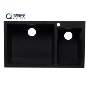 Lavello da cucina in composito nero lavello da cucina 8145 doppia ciotola granito sottosount quarzo lucido 1 anno, 1 anno sopra il bancone 50 pz - Product Image 3