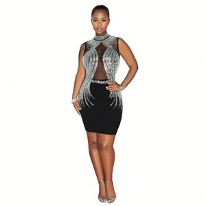 Venta al por mayor Popular de Color sólido de malla de diamantes de imitación sin mangas club nocturno Vestido corto para las mujeres de <span class=keywords><strong>moda</strong></span> - Product Image 1