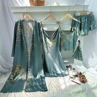 Simple cinq pièces maison porter ensemble imprimé cerise pyjamas femmes mince chemise de nuit licou Shorts licou jupe ensemble