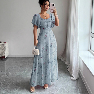 Vestido Largo Floral con Abertura Lateral para <span class=keywords><strong>Mujer</strong></span>, Estilo Europeo y Americano, Primavera-Verano - Product Image 3