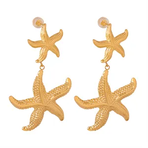 Fashion Stainless Steel Jewelry 2024 Vintage Trendy Wholesale Double Starfish Chunky Drop Charm Earrings