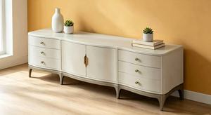 Mueble para TV Curvo de Primera Calidad en Color Blanco Crema, Mueble de Almacenamiento de Madera Maciza de Lujo para Sala de Estar o Dormitorio - Product Image 2
