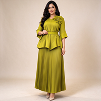 Robe islamique deux pièces brodée de fleurs, taille peplum, jupe plissée, tenue de fête modeste islamique africaine