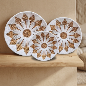 Set 3 Modern Boho Woven <b>Wall</b> Baskets White Natural Seagrass Sunburst Decorative <b>Wall</b> <b>Plates</b> Handmade Hanging Decor - Product Image 2