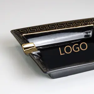 Square Cigar Ashtray Custom Color Logo Ceramic Luxury Black With Gold Design Ceramic Cigar Accessory As Gift For Smoking Shop