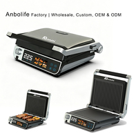 Anbolife OEM Plancha de asar con revestimiento antiadherente, desmontable, con 6 placas, 6 programas diferentes, temporizador de cuenta regresiva, 90 y 180 grados de ángulos de apertura.