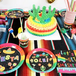 DAMAI Fiesta Set peralatan makan dekorasi meja Meksiko piring makanan penutup bertema Fiesta perlengkapan pesta serbet