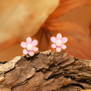 Fashion Stud Earrings Pink <b>Flower</b> Pearl Center Gold Plated 316L Stainless Steel Sustainable Resistant Design - Product Image 3
