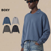 RUICHI Moletom Polo Masculino 380GSM de Algodão Puro Lavado Vintage, Corte Boxy Cropped Amplo, Estilo Americano Moderno com Decote em V Pequeno, Casual