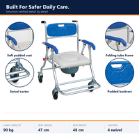 Chaise de toilette pliante à roulettes en alliage d'aluminium, siège souple, dossier bleu, accoudoirs, pour personnes âgées et handicapées, sécurité au bain