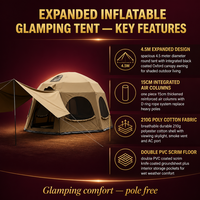 Grande tente dôme gonflable de 4,5 m de diamètre en polycoton 210g avec ouverture pour poêle, ouverture pour climatiseur, hublot d'observation, auvent occultant et imperméable